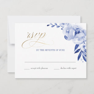 Blue Watercolor Floral Faux Foil RSVP Postcard