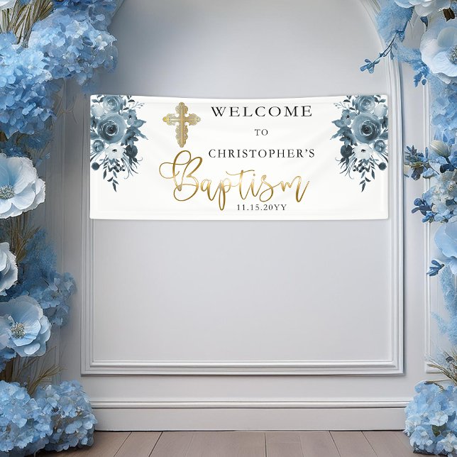Blue Watercolor Floral | Faux Gold Boy Baptism Banner (Elegant Blue Watercolor Floral Faux Gold Boy Baptism Banner)