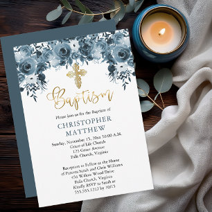 Blue Watercolor Floral   Faux Gold Boy Baptism Invitation
