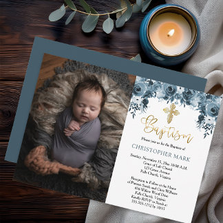 Blue Watercolor Floral Faux Gold Boy Photo Baptism Invitation