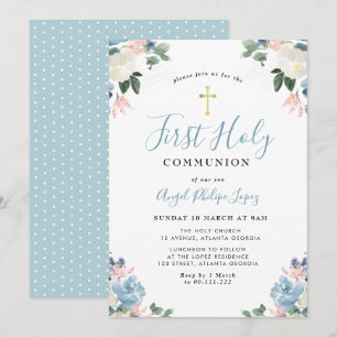 blue watercolor floral first holy communion invitation