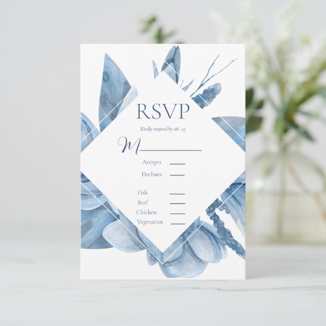 Blue Watercolor Floral Frame RSVP Card (Standing Front)