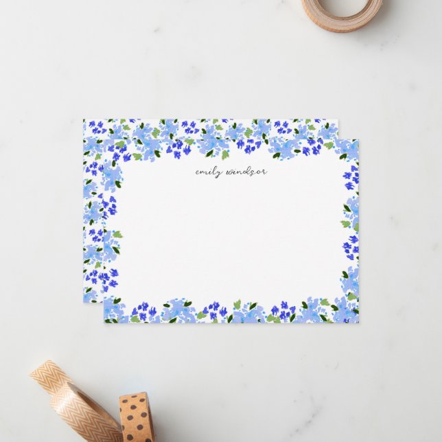 Blue Watercolor Floral Garden Personalized Card (Front/Back In Situ)