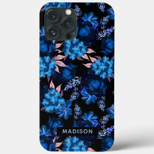 Blue Watercolor Floral Girly Pattern Personalized iPhone 13 Pro Max Case