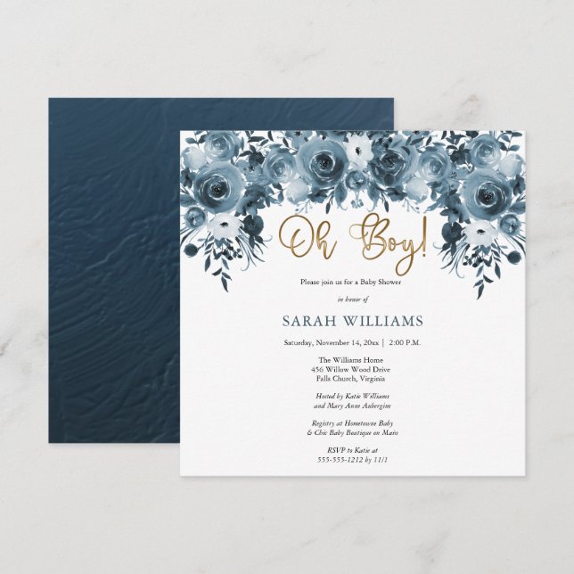Blue Watercolor Floral | Gold Oh Boy Shower Invitation (Front/Back)