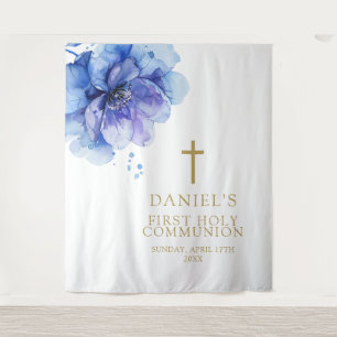 Blue Watercolor Floral Holy Communion Backdrop Tapestry