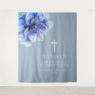 Blue Watercolor Floral Holy Communion Backdrop Tapestry