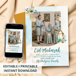 Blue Watercolor Floral Lantern Family Photo Eid Holiday Card
