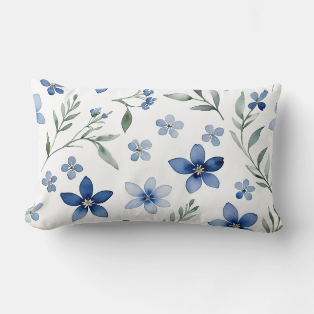Blue Watercolor Floral Lumbar Pillow (Front)