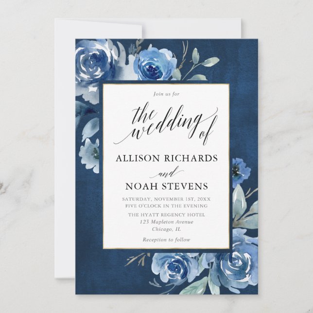Blue watercolor floral modern whimsical wedding invitation (Front)