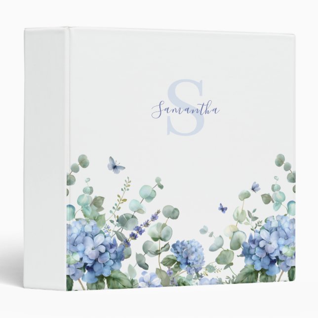 Blue Watercolor Floral  Monogram Name  Binder (Front/Spine)