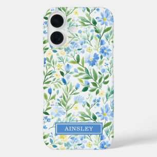 Blue Watercolor Floral Monogrammed iPhone 16 Case