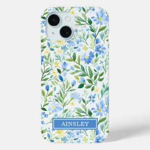 Blue Watercolor Floral Monogrammed iPhone 15 Case
