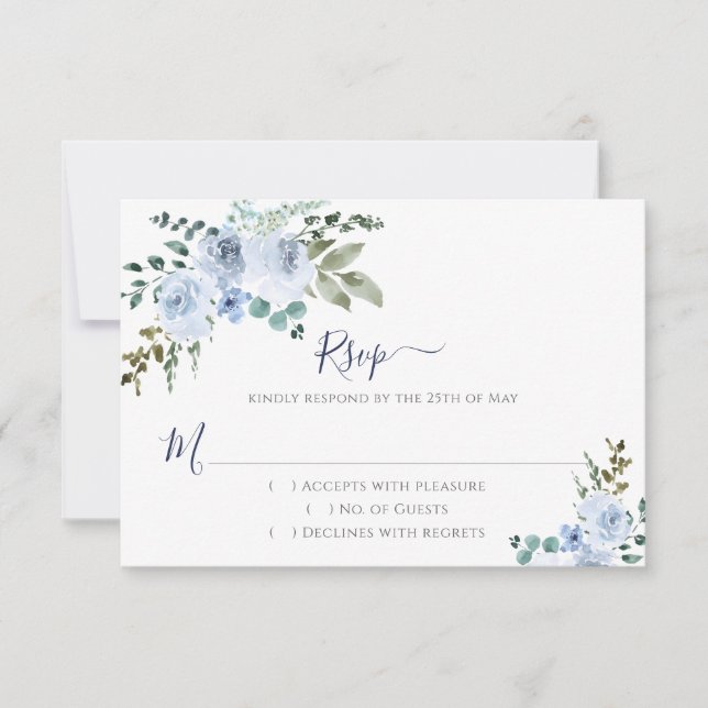 Blue Watercolor Floral | Navy RSVP Card (Front)