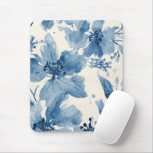 Blue Watercolor Floral Painted Botanical Whimsical Mouse Pad