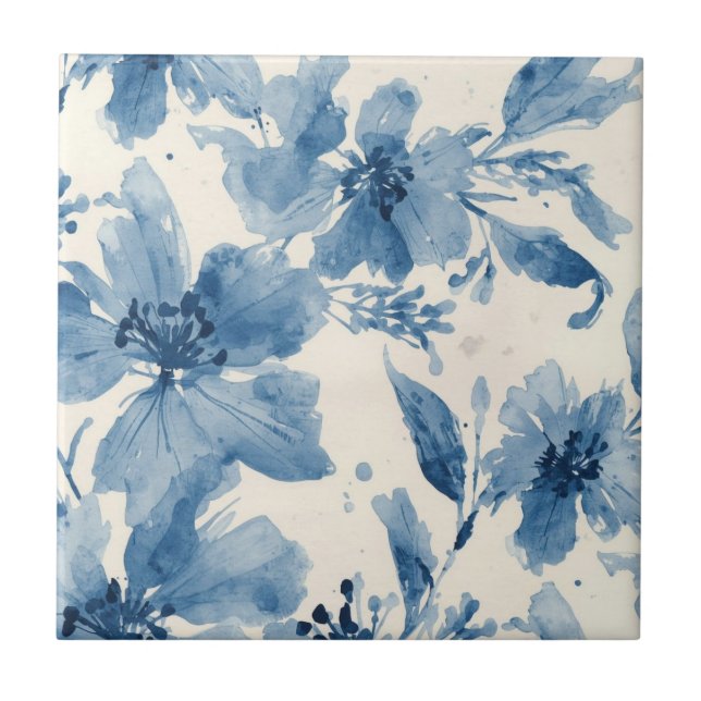 Blue Watercolor Floral Painted Botanical Whimsical Tile (Front)