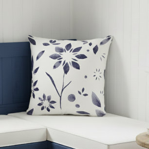 Blue Watercolor Floral Pattern Large Flower Throw Pillow
