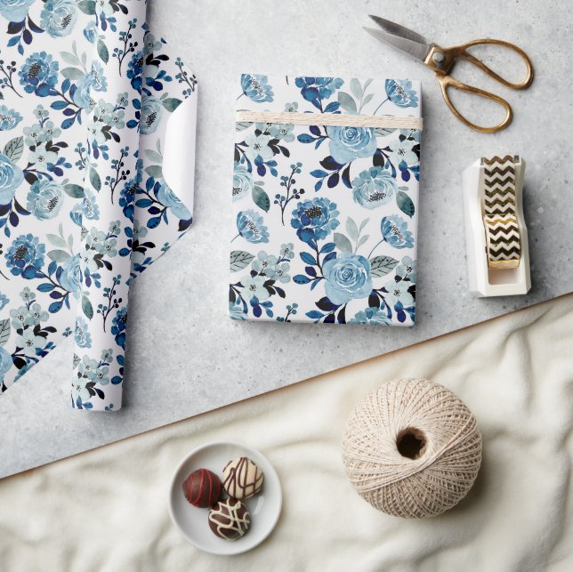 Blue watercolor floral pattern  wrapping paper (Crafts)