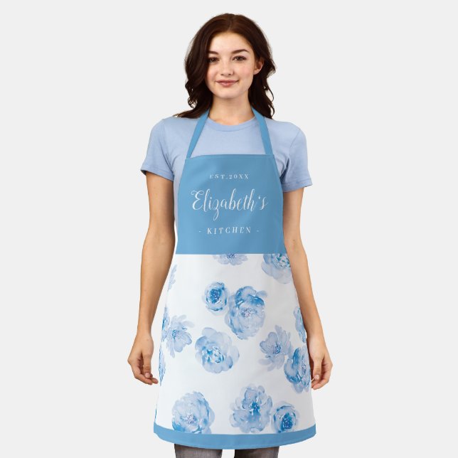 Blue watercolor floral personalized cooking apron (Worn)
