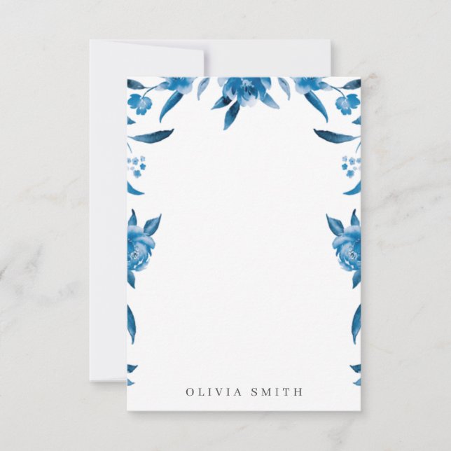 Blue watercolor floral Personalized Stationery Card (Front)