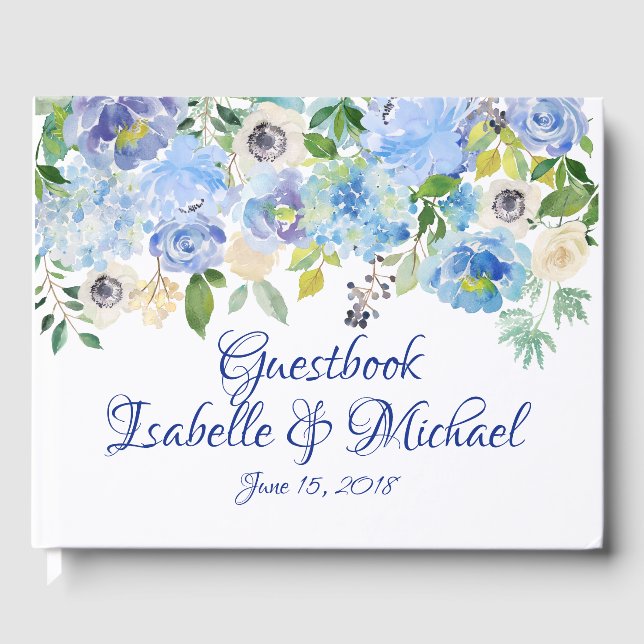 Blue Watercolor Floral Personalized Wedding Guest Book (Front)