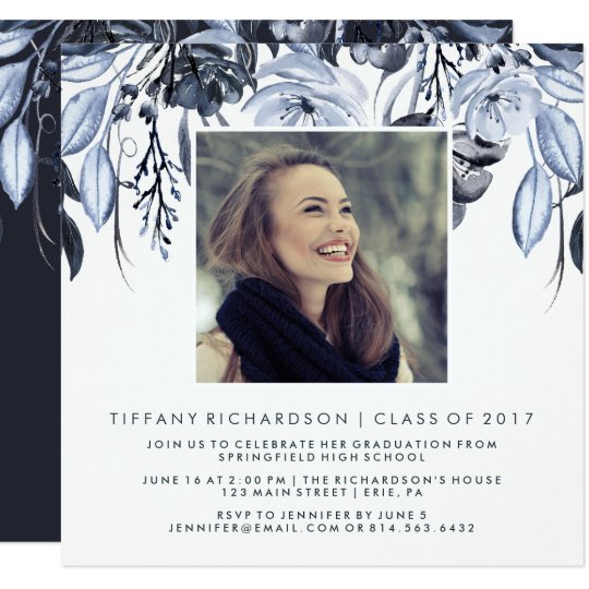 Blue Watercolor Floral | Photo Graduation Party Card