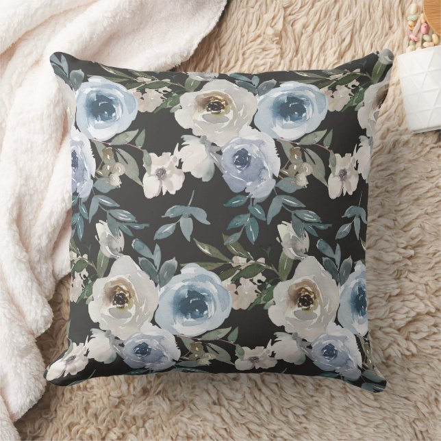 Blue Watercolor Floral Pillow, Floral Throw Pillow (Blanket)