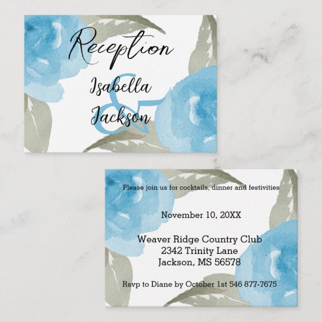 Blue Watercolor Floral - Reception   Enclosure Card (Front/Back)