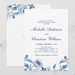 Blue Watercolor Floral Rehearsal Dinner Invitation