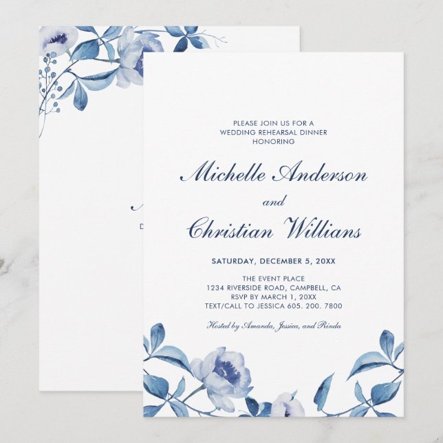 Blue Watercolor Floral Rehearsal Dinner Invitation (Front/Back)