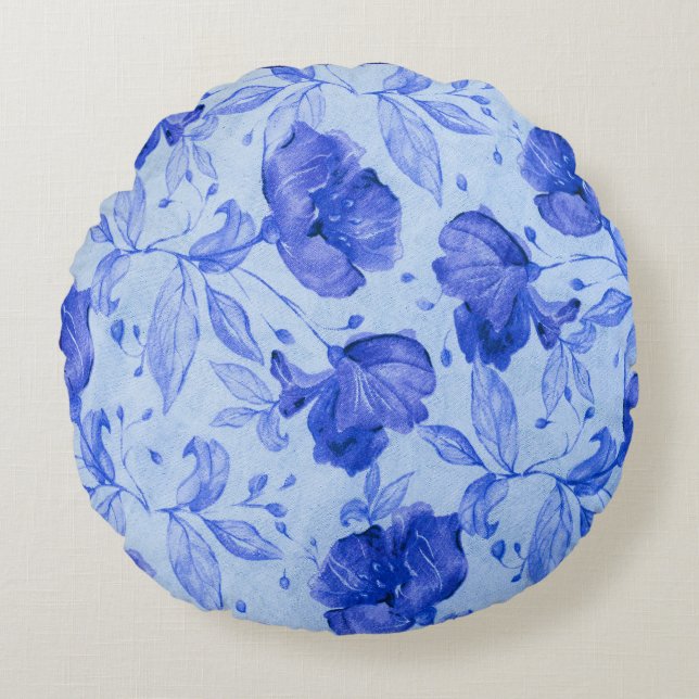 Blue Watercolor Floral Round Pillow (Front)