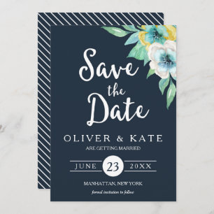 Blue Watercolor Floral Save the Date Invitation