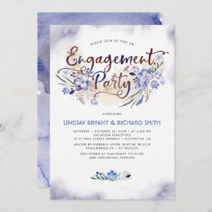 Blue Watercolor Floral Script Engagement Party Invitation