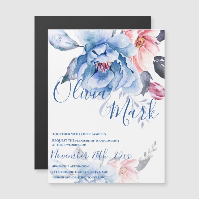 Blue Watercolor Floral Script Wedding Magnetic Invitation (Front/Back)