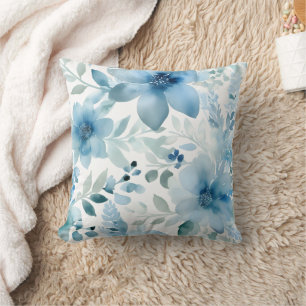 Blue Watercolor Floral Throw Pillow