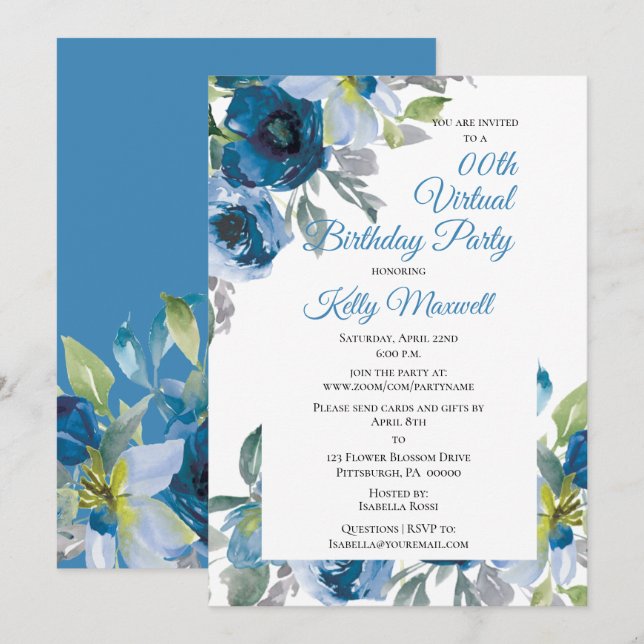 Blue Watercolor Floral  Virtual Birthday Party Invitation (Front/Back)