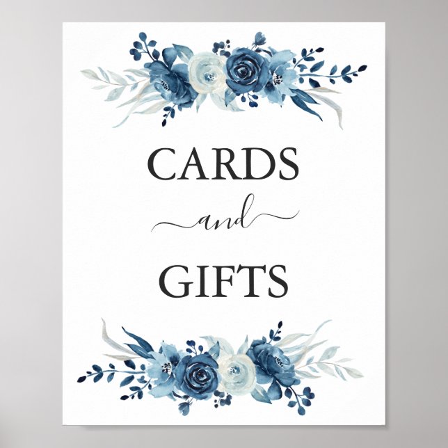 Blue watercolor floral wedding Cards & Gifts sign (Front)