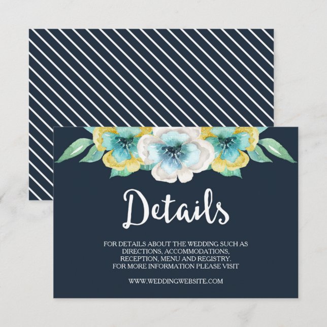 Blue Watercolor Floral Wedding Details Card (Front/Back)