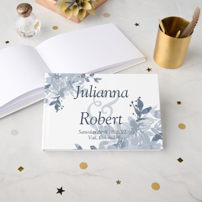 Blue watercolor floral  wedding  guest book (Front Open)