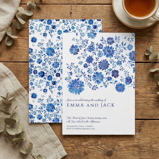 Blue Watercolor Floral Wedding Invitation (Blue Watercolor Floral Wedding Invitation)