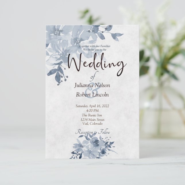 Blue watercolor floral wedding invitation (Standing Front)