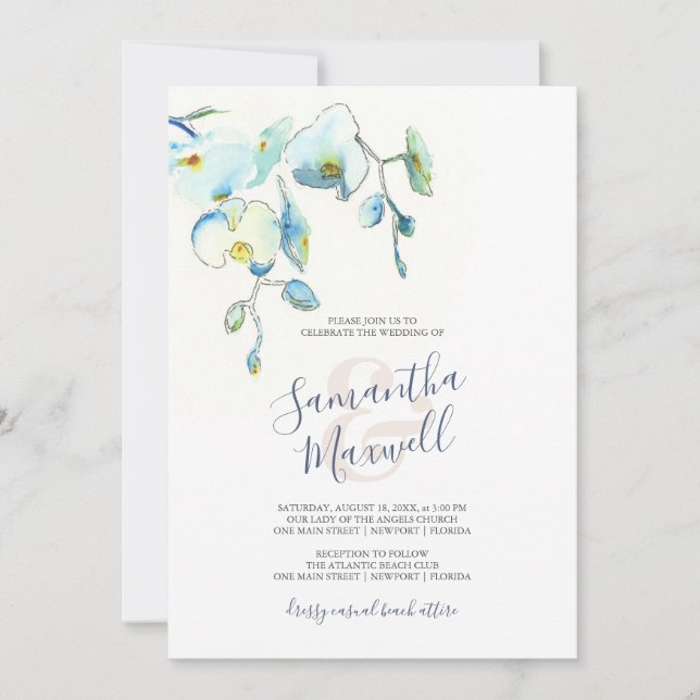 Blue Watercolor Floral Wedding Invitations (Front)
