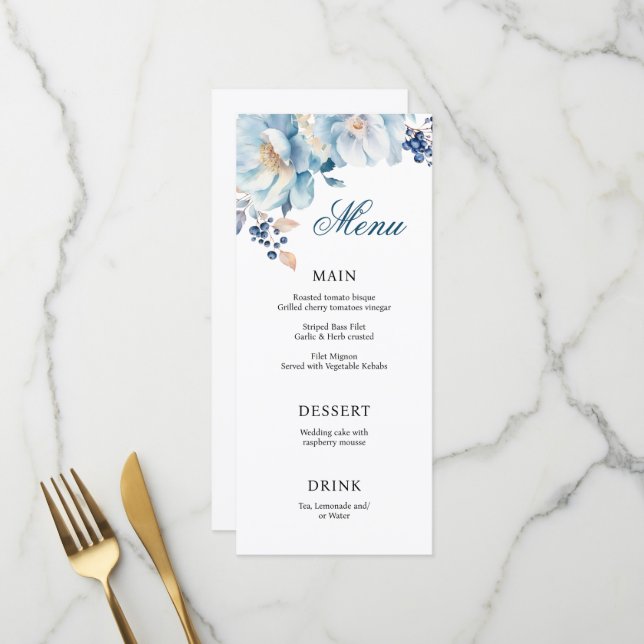 Blue watercolor floral wedding menu (Front/Back In Situ)