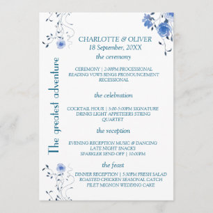 Blue Watercolor Floral Wedding Program Card Design