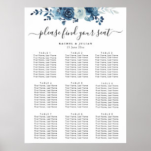 Blue watercolor floral wedding seating chart