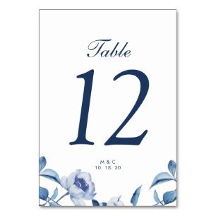 Blue Watercolor Floral Wedding Table Numbers Card