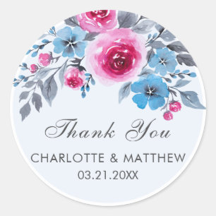 Blue Watercolor Floral Wedding Thank You  Classic Round Sticker