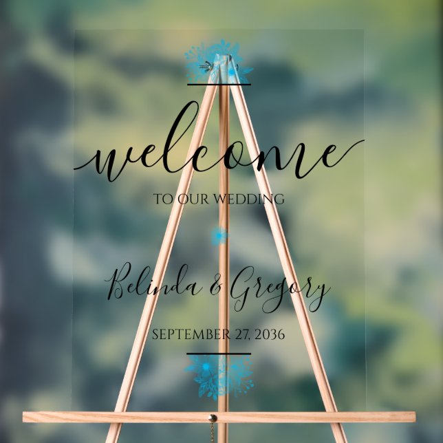Blue Watercolor Floral Wedding Welcome Sign (Neutral)