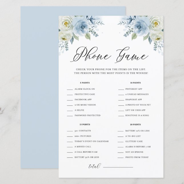 Blue Watercolor Floral What's on Your Phone Game (Front/Back)