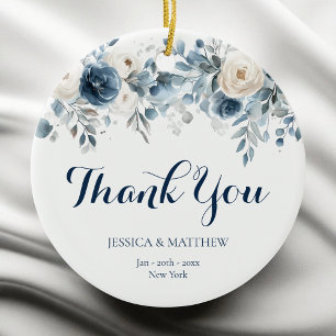 Blue Watercolor Floral Winter Wedding Thank You Ceramic Ornament